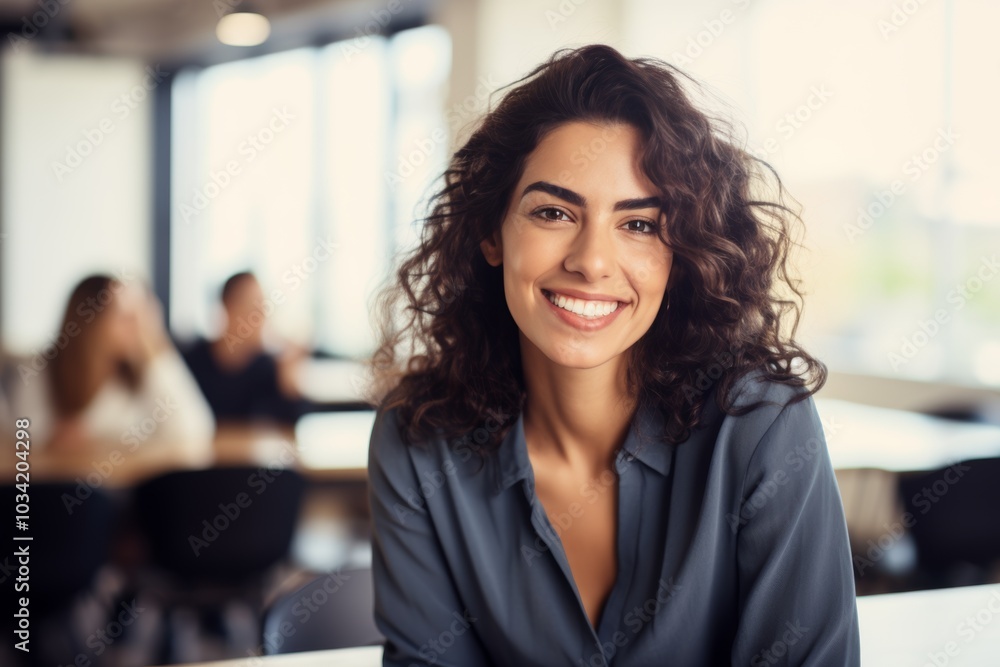 A cheerful Hispanic woman sits at a table during a business meeting, radiating positivity with her smile, surrounded by a collaborative atmosphere A cheerful Hispanic woman sits at a table during a business meeting, radiating positivity with her smile, surrounded by a collaborative atmosphere