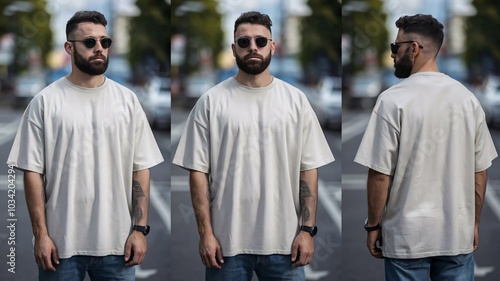 A photo of a bearded man wearing an oversized white t-shirt. He is wearing jeans. The photo is taken in a front, side, and back view. photo