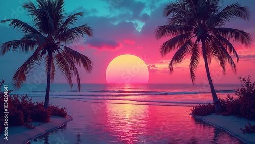 Tropical Paradise Sunset with Palm Trees and Retro 80 vibes, vice,  game aesthetic 
