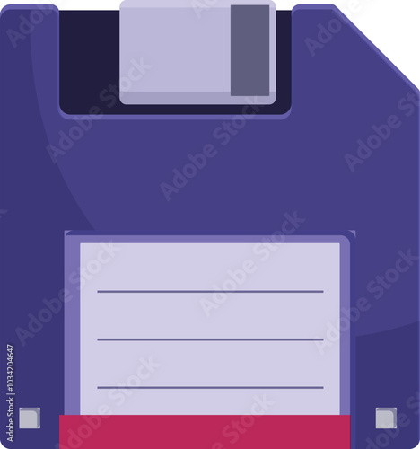 Purple floppy disk icon in cartoon style, representing saving data in the past
