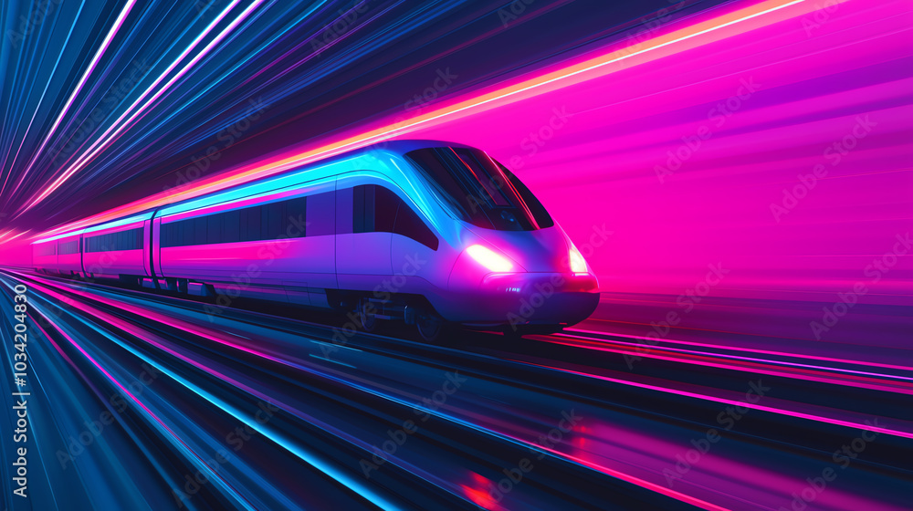 Fototapeta premium Futuristic train in neon light motion