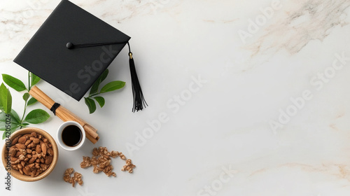 Minimalist graduation cap design with snacks and greenery