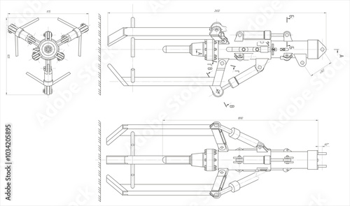 Vector mechanical part earthmoving machine (excavator).
Engineering assembly drawing of steel device
with dimension lines. Industrial technic 
cad scheme on white paper sheet. Machined tool - shaft. 