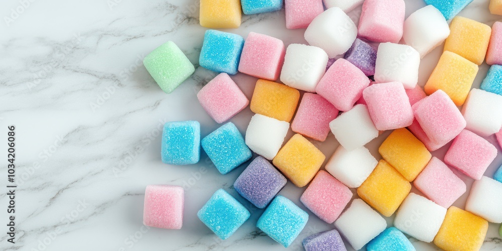Colorful Sugar Cubes on Marble Background Colorful Sugar Cubes on Marble Background