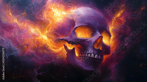 A Vibrant Skull Surrounded by Swirling Flames and Whirls of Purple Smoke, Creating a Captivating and Fiery Aesthetic. The Intense Colors and Dynamic Movement Add a Sense of Energy and Intrigue. 