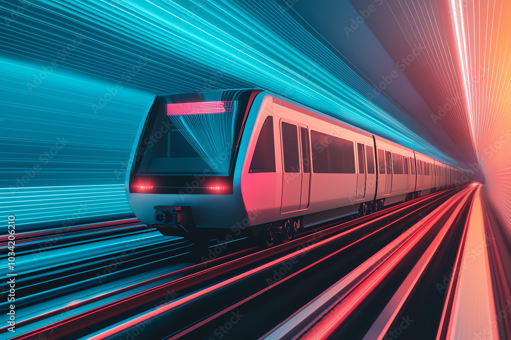 Naklejka premium Futuristic train moving through a vibrant tunnel