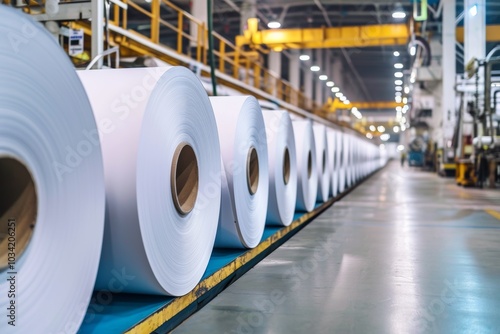 Rows of pristine white paper rolls await processing in a modern facility, showcasing the scale and efficiency of the paper production industry