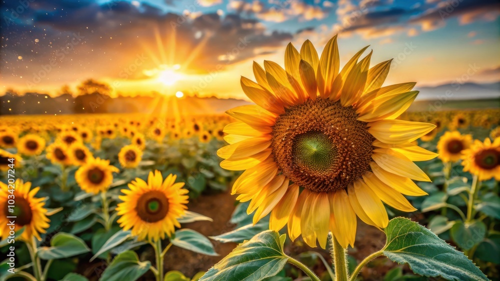 Fototapeta premium A single sunflower blooms brightly in a field of yellow flowers, basking in the warm glow of a setting sun, with a soft focus on the distant horizon.