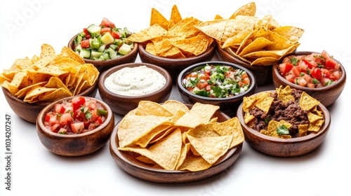 Wallpaper Mural Isolated Nacho Platter on White Background, vibrant assortment of crispy tortilla chips, topped with melted cheese and garnished with jalapeños, ready for serving. Torontodigital.ca