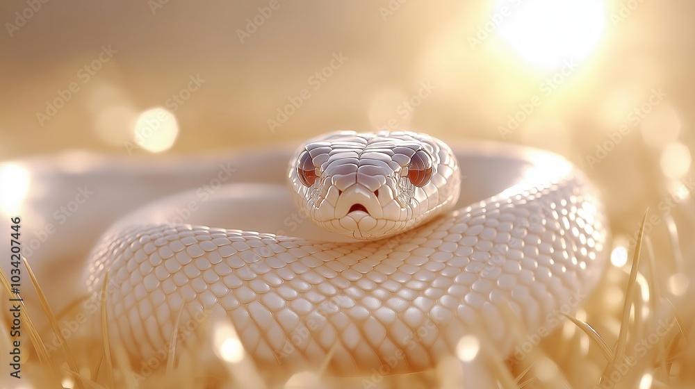 Fototapeta premium Majestic white snake coiled in sunlit meadow: daylight serenity and mystical beauty