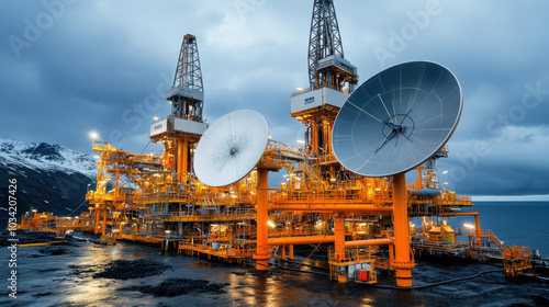 Close up of oil rig platform with satellite antennas under cloudy sky