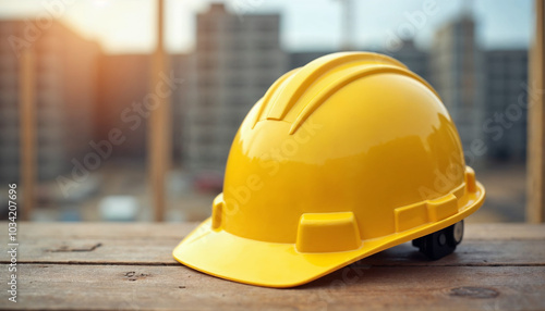 Yellow safety construction helmet on wood table with construction site background, surrounded by tools, embodying a typical workshop atmosphere, highlighting workplace safety and practicality. 