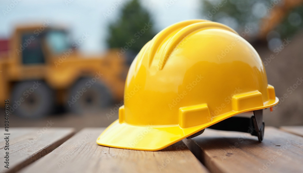 Yellow safety construction helmet on wood table with construction site background, surrounded by tools, embodying a typical workshop atmosphere, highlighting workplace safety and practicality. Yellow safety construction helmet on wood table with construction site background, surrounded by tools, embodying a typical workshop atmosphere, highlighting workplace safety and practicality.