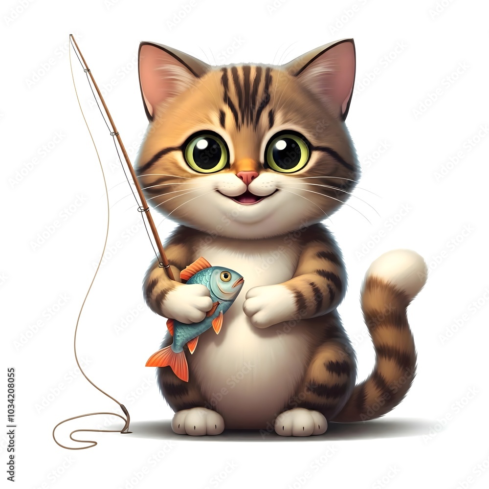 Obraz premium Charming Cat Character Holding Fish and Fishing Rod in Paws