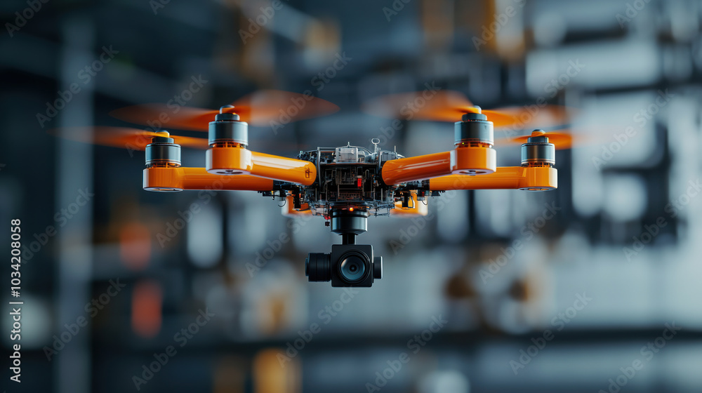 High tech drone with orange propellers hovering in modern environment High tech drone with orange propellers hovering in modern environment