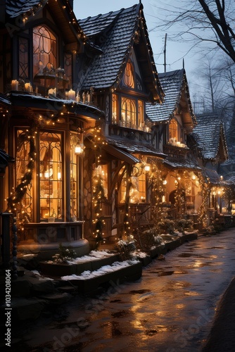 An enchanting Winter Street Scene featuring cozy cottages surrounded by picturesque snow