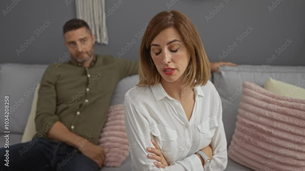 Man and woman sitting on a couch in a living room with arms crossed looking upset reflecting tension indoors Man and woman sitting on a couch in a living room with arms crossed looking upset reflecting tension indoors