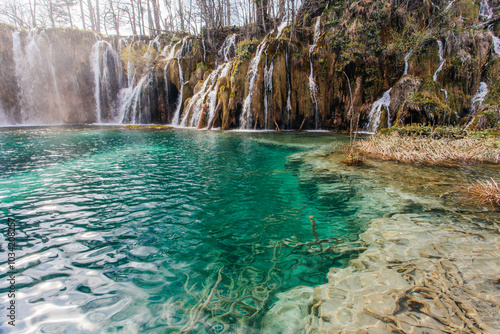 Beautiful Plitvice lakes national park, lots of waterfalls and clear lakes photo