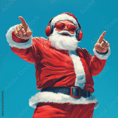 Christmas Santa Claus pointing joyfully in headphones photo