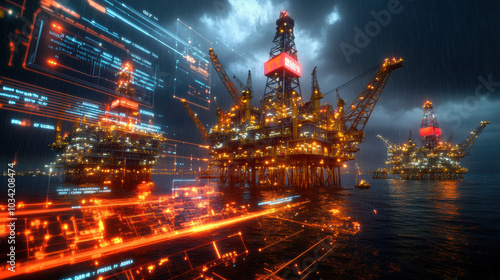 Digital interface displaying real time data from offshore oil rigs in stormy environment