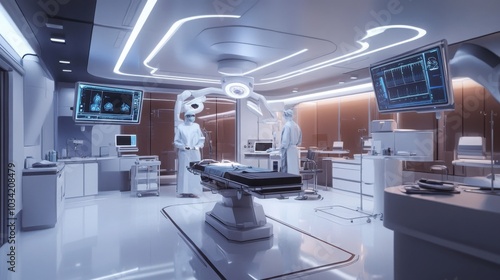 A highly detailed and futuristic operating room with advanced medical equipment used for bloodless surgery