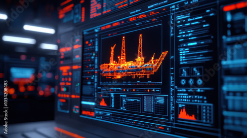 Digital hologram of oil platform control systems displayed on screens