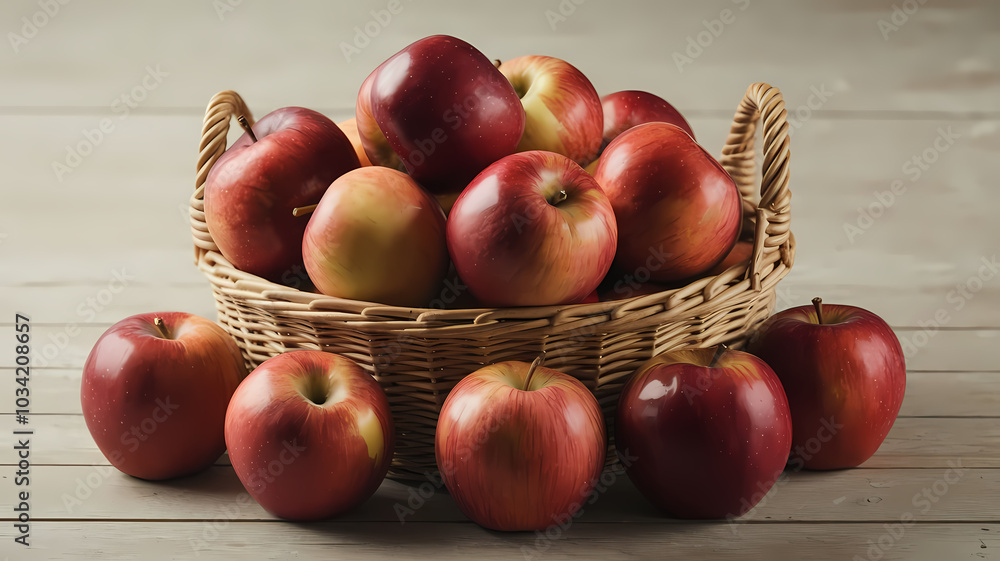 Fresh red apples in a wicker basket with a rustic vibe on wooden background Fresh red apples in a wicker basket with a rustic vibe on wooden background