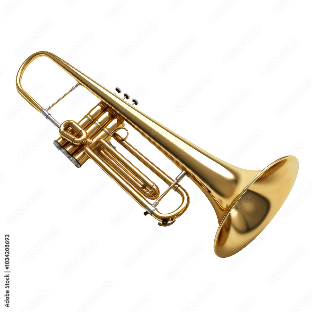 A shiny brass trumpet lying on a white surface with its bell facing outward, showcasing its intricate valves and craftsmanship A shiny brass trumpet lying on a white surface with its bell facing outward, showcasing its intricate valves and craftsmanship