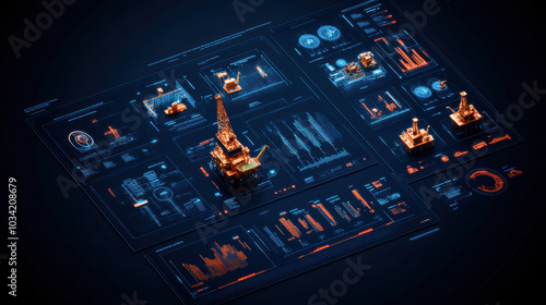 Digital interface displaying real time data from oil rig with graphs and metrics