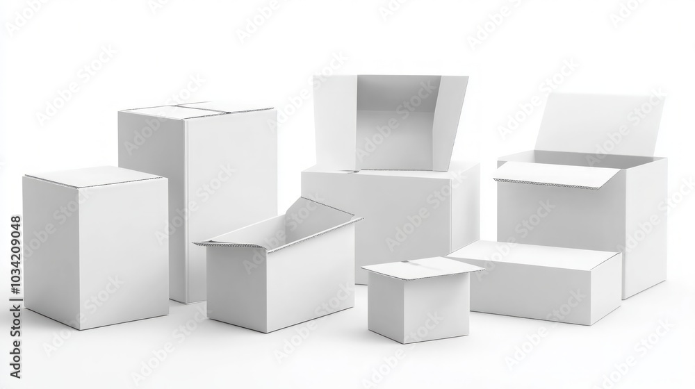 White Empty Carton Boxes Arrangement, a neat collection of unmarked, empty white boxes displayed in a clean, minimalist style against a bright white backdrop. White Empty Carton Boxes Arrangement, a neat collection of unmarked, empty white boxes displayed in a clean, minimalist style against a bright white backdrop.