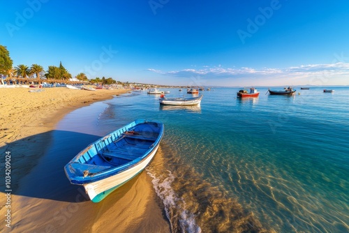 Durres beach at sunset, with golden sand and fishing boats floating in the calm sea