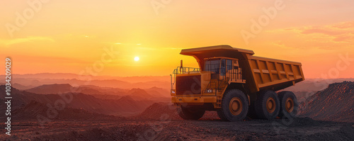 large yellow haul truck parked on mining site at sunset, surrounded by rugged terrain and mountains. warm glow of sun enhances industrial landscape, creating striking scene