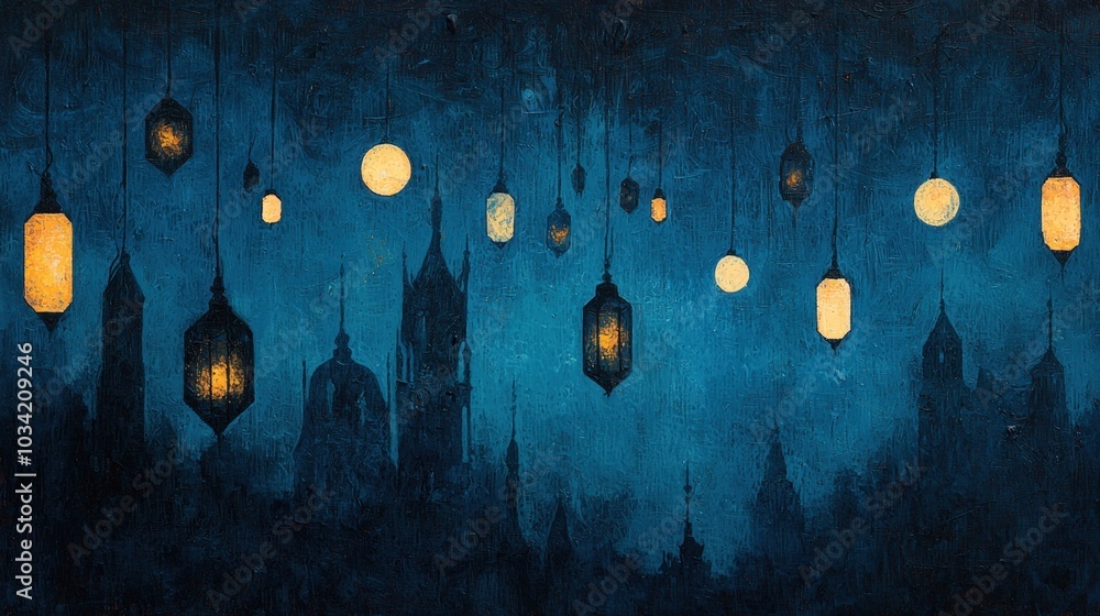 Obraz premium Mystical night lanterns illuminate gothic city skyline with deep blue skies