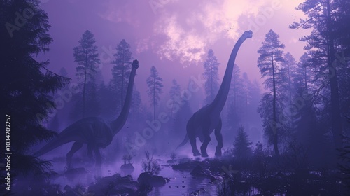 Two Brachiosaurus walking through a misty forest during twilight. Tall trees surround the prehistoric creatures as silhouettes blend into the serene, purple-tinged environment of Jurassic wilderness.