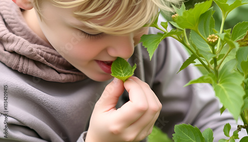 A forager tasting a fresh leaf or plant. photo