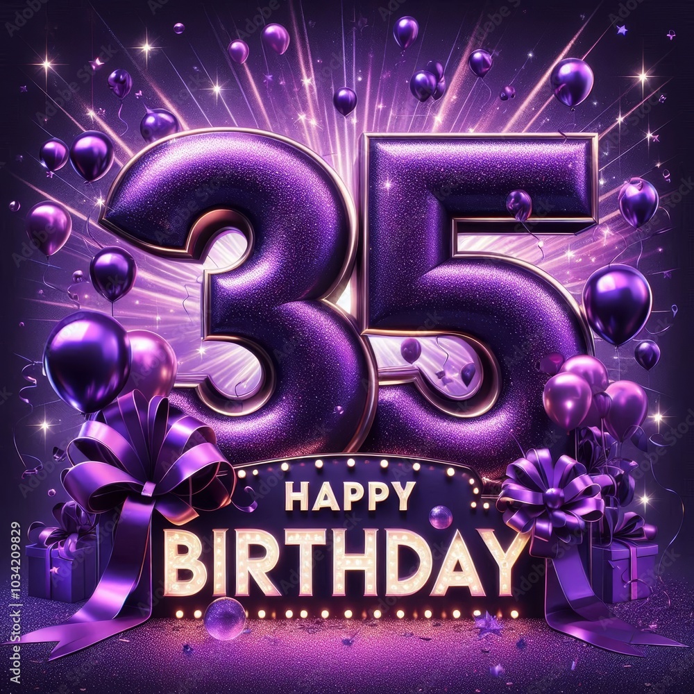 Fototapeta premium Colorful 35th birthday celebration with balloons, gifts, and sparkles.
