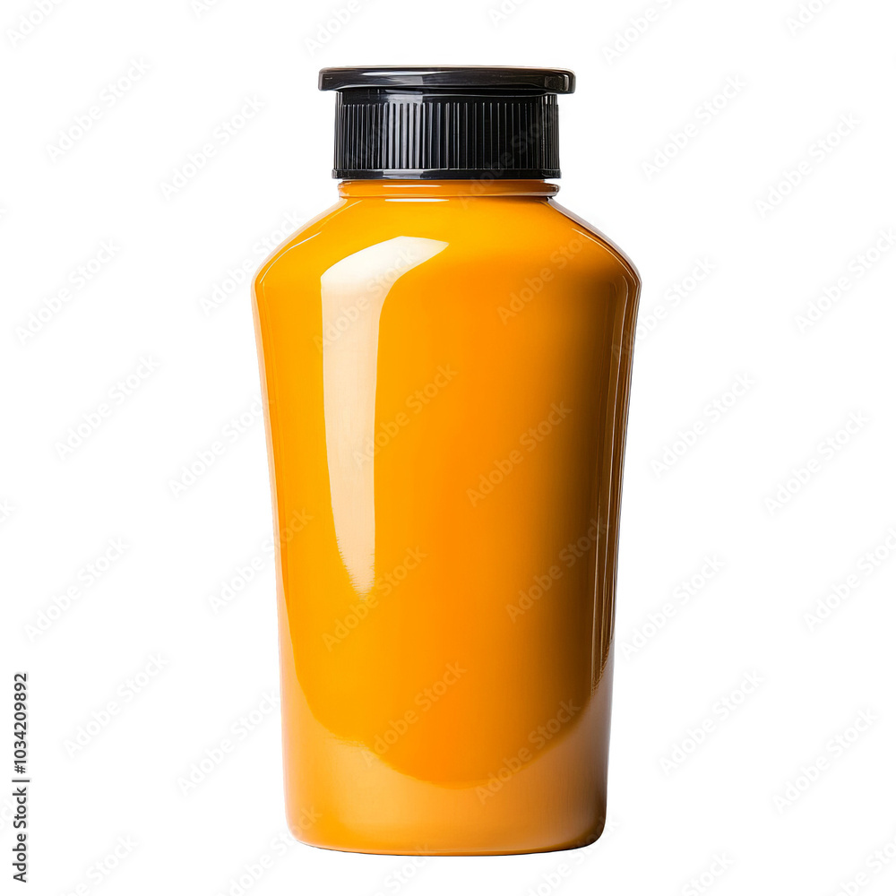 Yellow sauce bottle with black cap, white isolated background Yellow sauce bottle with black cap, white isolated background