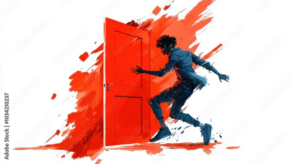 Naklejka premium Dynamic illustration of a person running towards a red door with abstract paint strokes