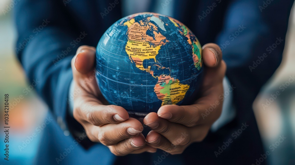 Close-up of a businessman's hands holding a globe. Close-up of a businessman's hands holding a globe.