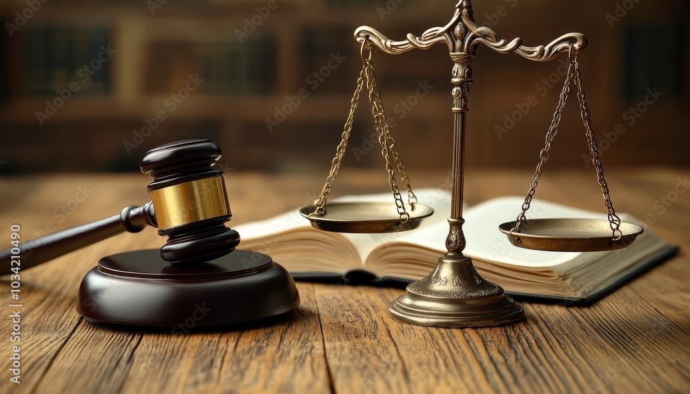 A wooden gavel and brass scales of justice on a table beside an open law book. A wooden gavel and brass scales of justice on a table beside an open law book.