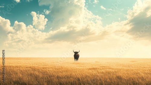 A lone bull stands in a field of tall grass under a bright blue sky with fluffy white clouds.