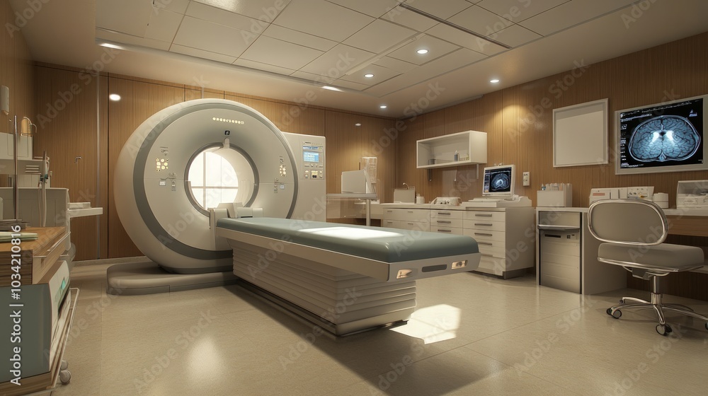Advanced medical imaging system in a hospital laboratory, featuring a computer interface for enhanced MRI or CT scans, showcasing modern diagnostic technology in a clinical setting Advanced medical imaging system in a hospital laboratory, featuring a computer interface for enhanced MRI or CT scans, showcasing modern diagnostic technology in a clinical setting