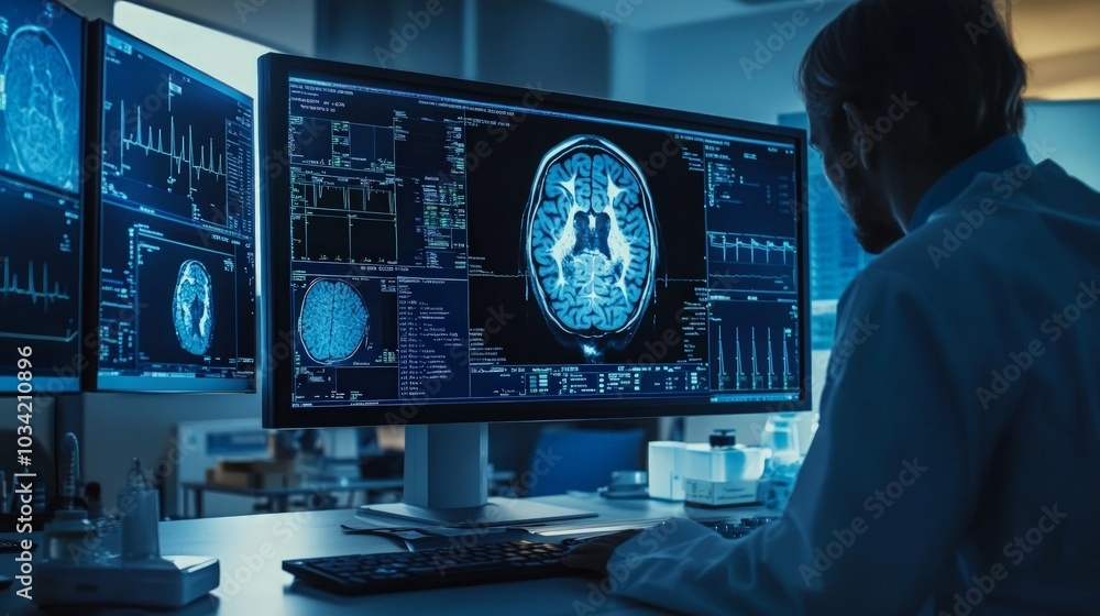 Advanced medical imaging workstation in a hospital laboratory, equipped with enhanced MRI and CT scan technology, designed for precise diagnostics and patient care. Advanced medical imaging workstation in a hospital laboratory, equipped with enhanced MRI and CT scan technology, designed for precise diagnostics and patient care.