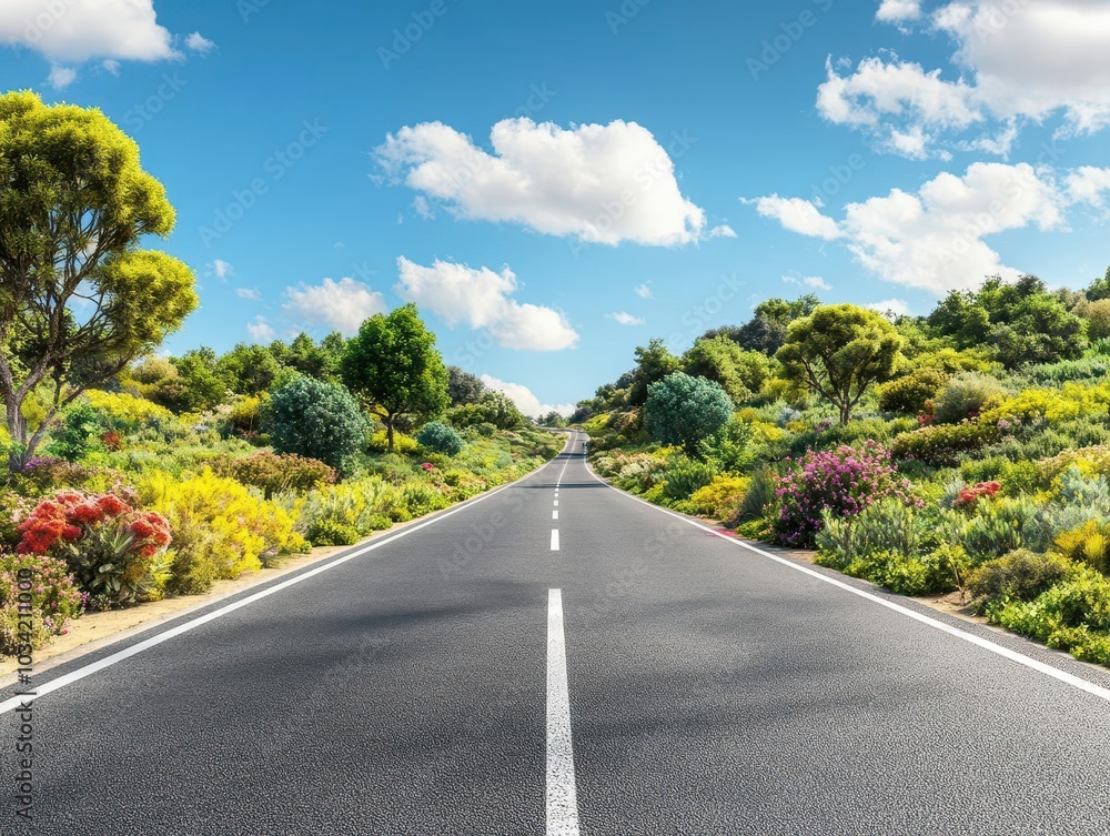 Fototapeta premium Empty asphalt road leading into a scenic landscape with lush greenery and blue sky.