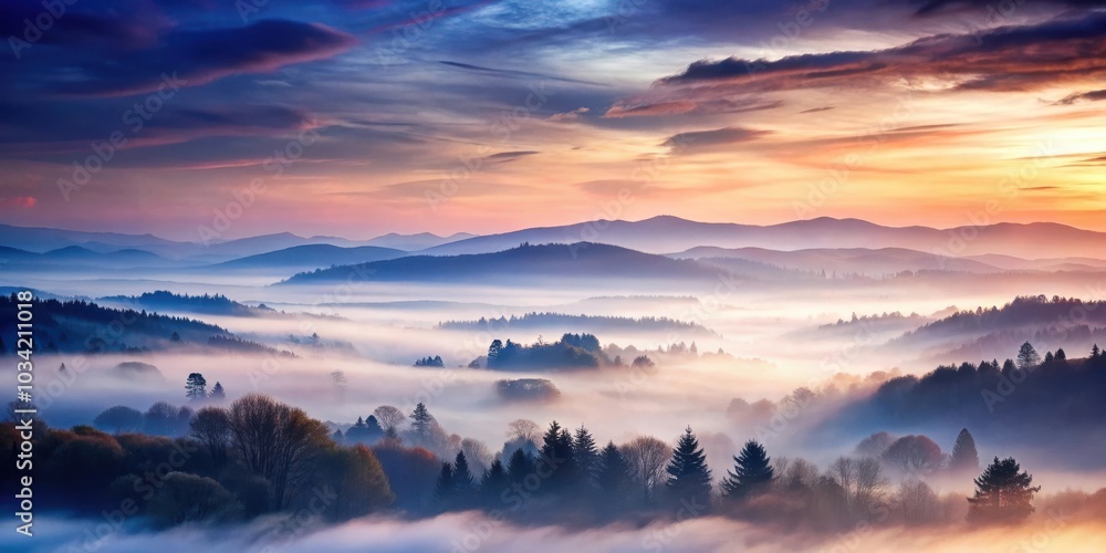 A Serene Panorama of Rolling Hills, Silhouetted by a Misty Dawn, as the Colors of the Sky Paint the Landscape A Serene Panorama of Rolling Hills, Silhouetted by a Misty Dawn, as the Colors of the Sky Paint the Landscape