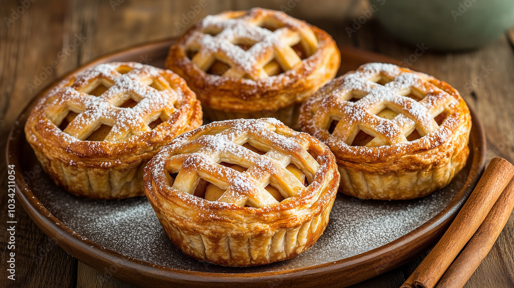 Small round apple pie bombs, dusted with powdered sugar, rustic dessert for fall Small round apple pie bombs, dusted with powdered sugar, rustic dessert for fall