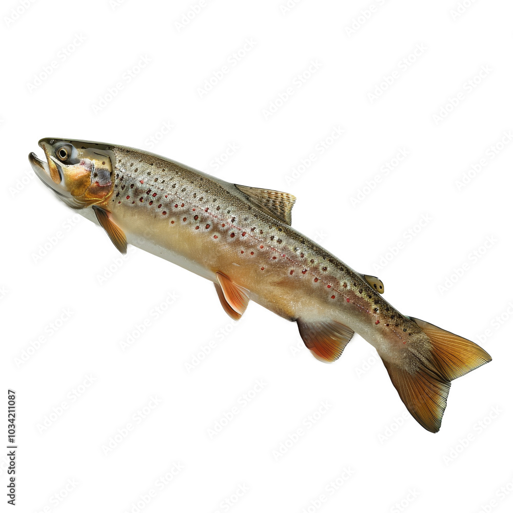Brown trout resting on a white surface, showcasing its vibrant colors and detailed patterns in natural light during the afternoon Brown trout resting on a white surface, showcasing its vibrant colors and detailed patterns in natural light during the afternoon