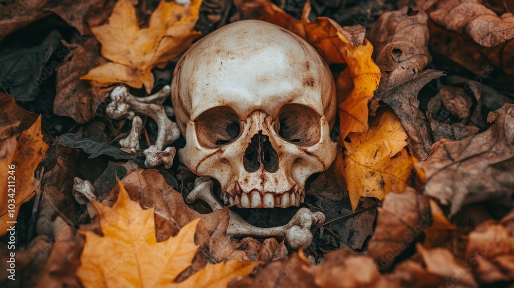 Haunting Graveyard Scene, close-up view of a decayed skull and bones resting on withered leaves in an eerie pit, evokes chilling themes of ghosts and zombies during Halloween Haunting Graveyard Scene, close-up view of a decayed skull and bones resting on withered leaves in an eerie pit, evokes chilling themes of ghosts and zombies during Halloween