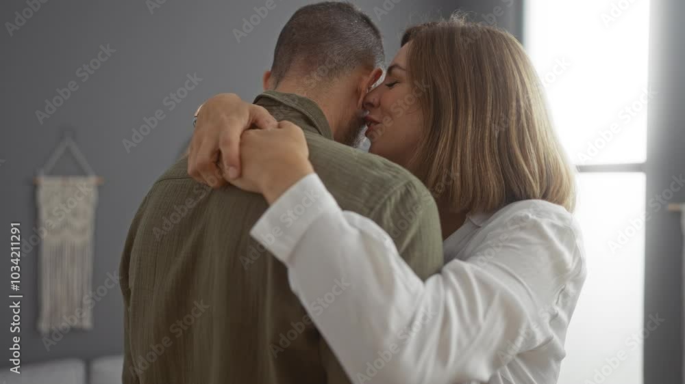 Woman embracing man lovingly in living room with modern decor and natural light Woman embracing man lovingly in living room with modern decor and natural light