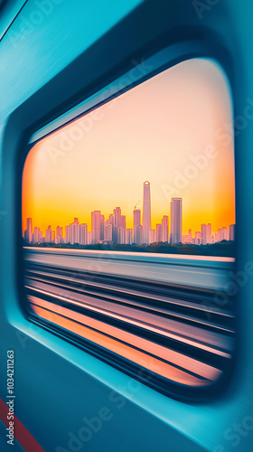 Train window view of urban skyline at sunset photo